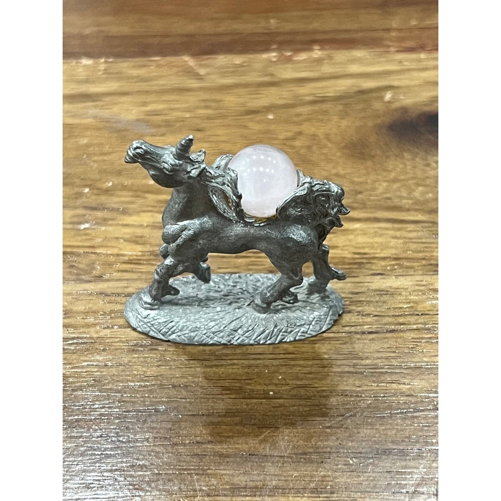 Vintage Rawcliffe Pewter Unicorn R660 with Rose Quartz Crystal Orb 1980s